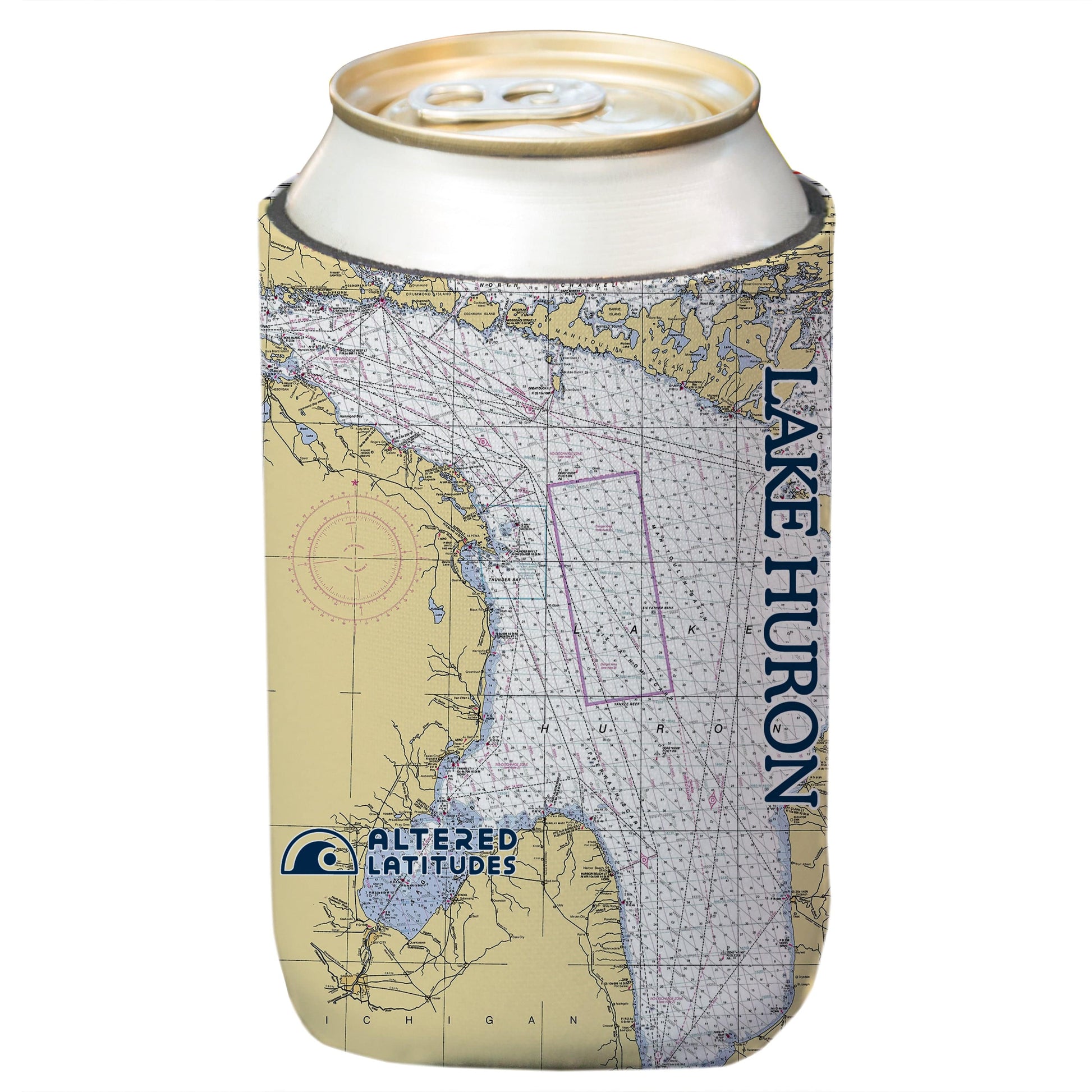 Vapor Apparel Sun Protection Lake Huron Chart Can Cooler (4-Pack)